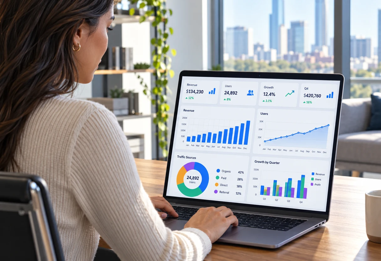 Professional at a laptop reviewing a bright, colorful data dashboard at their desk