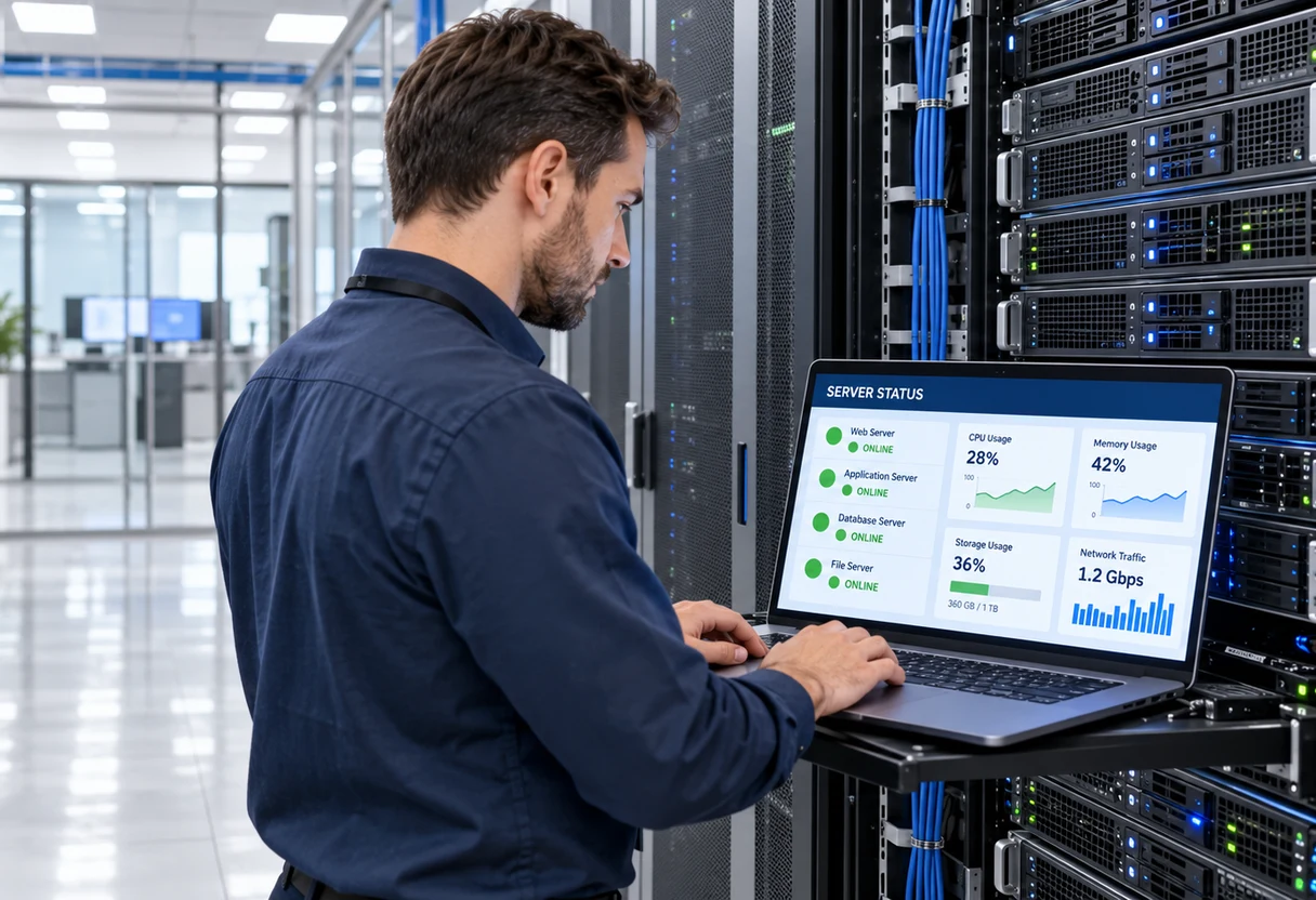 IT engineer working on an on-premises server rack with a laptop