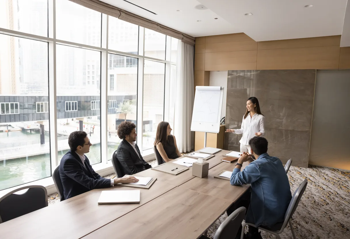 Presenter at a flip chart addressing four colleagues seated at a conference table in a glass-walled office