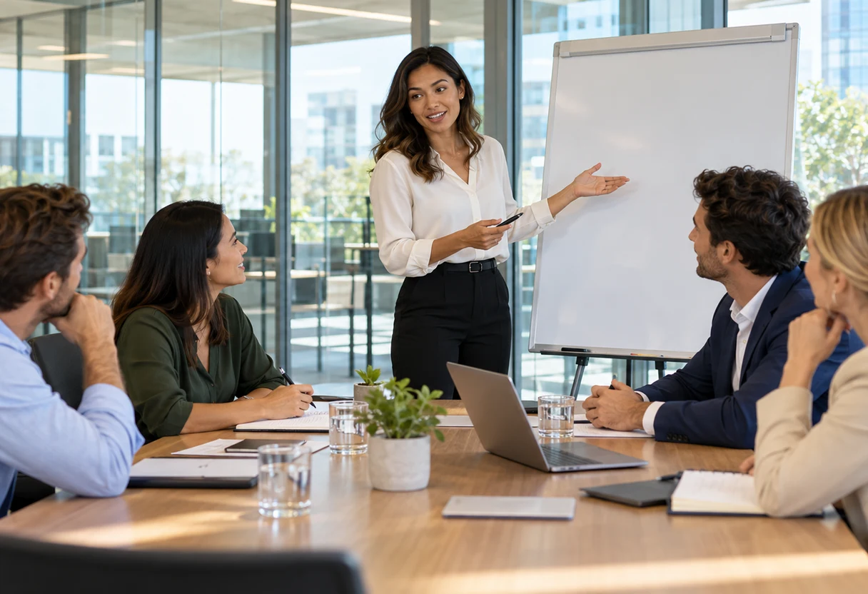 Presenter at a flip chart addressing four colleagues seated at a conference table in a glass-walled office