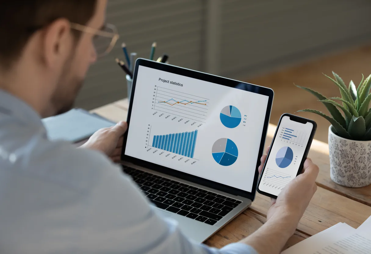Professional reviewing project statistics and charts across a laptop and phone screen