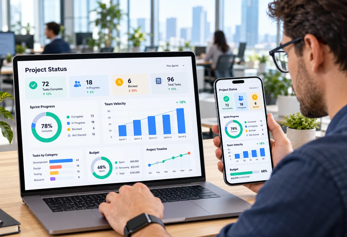 Professional reviewing project statistics and charts across a laptop and phone screen