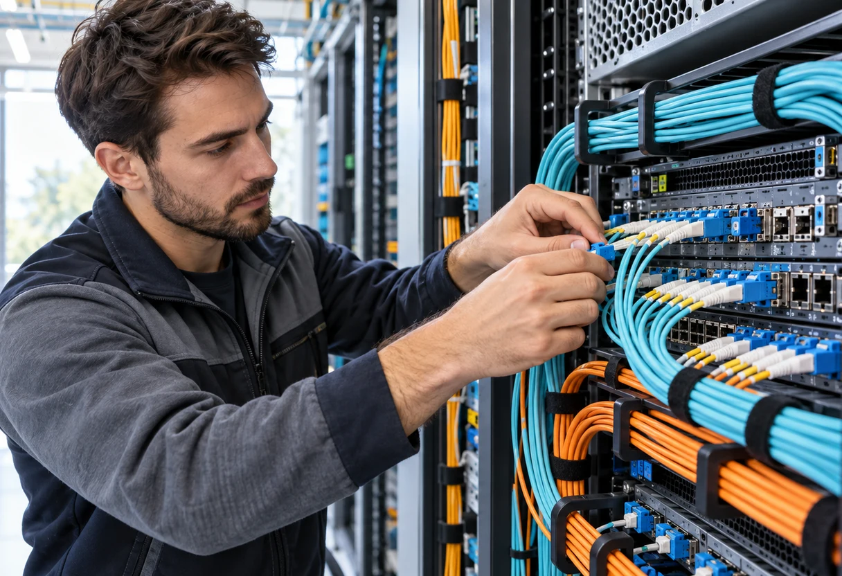 Coiled fiber optic cables with connectors, representing data pipeline infrastructure