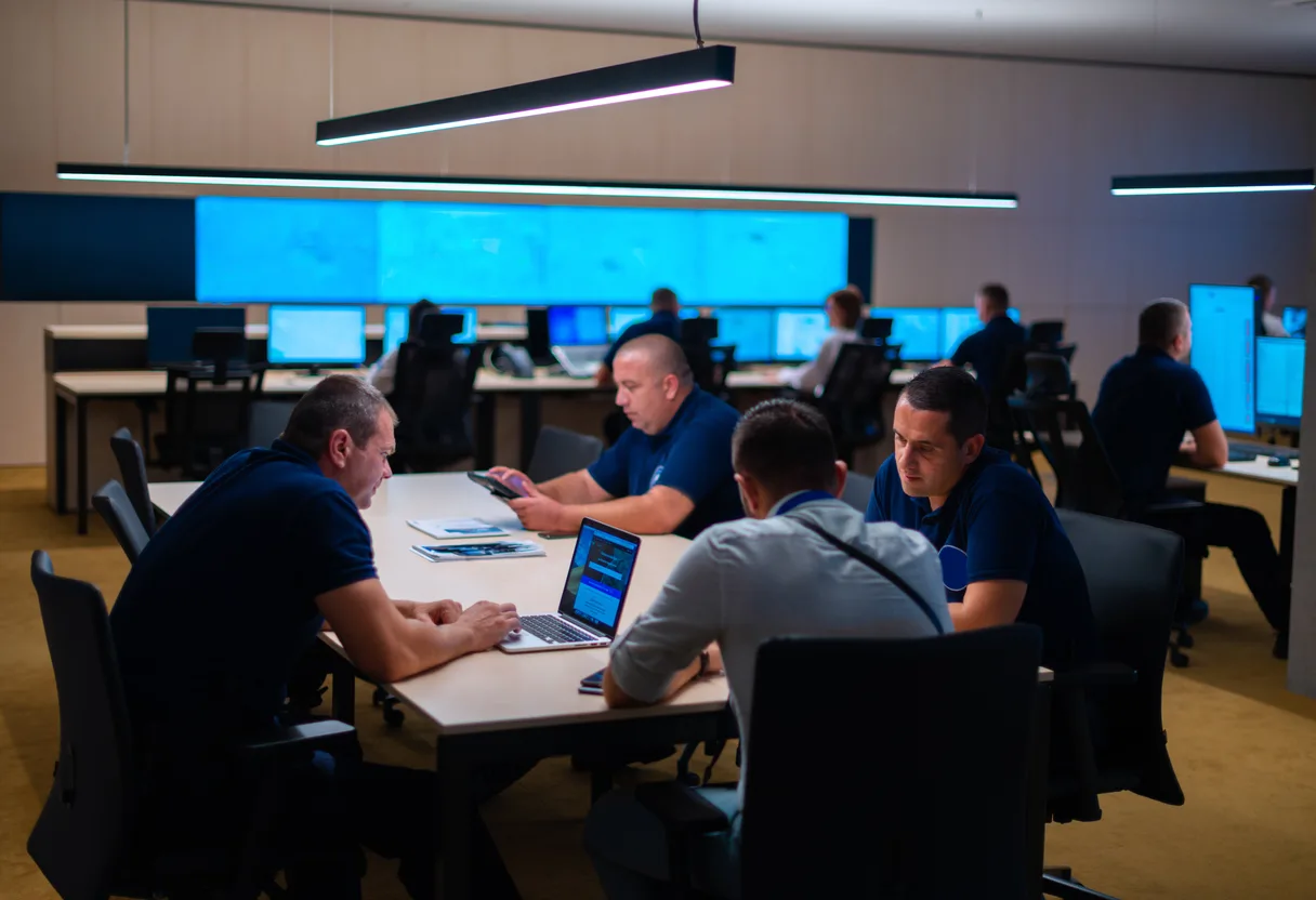 Security team reviewing monitoring dashboards together at a shared workstation