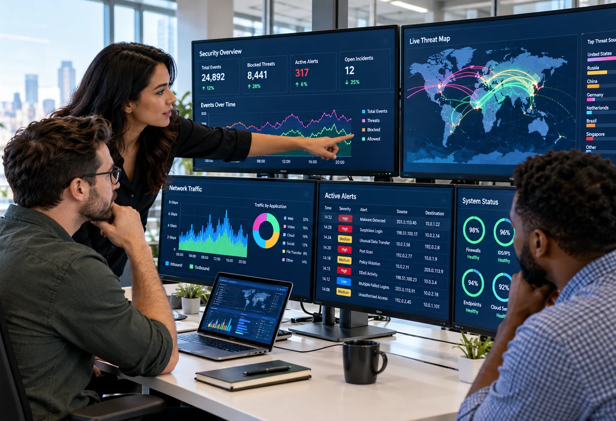 Security team reviewing monitoring dashboards together at a shared workstation