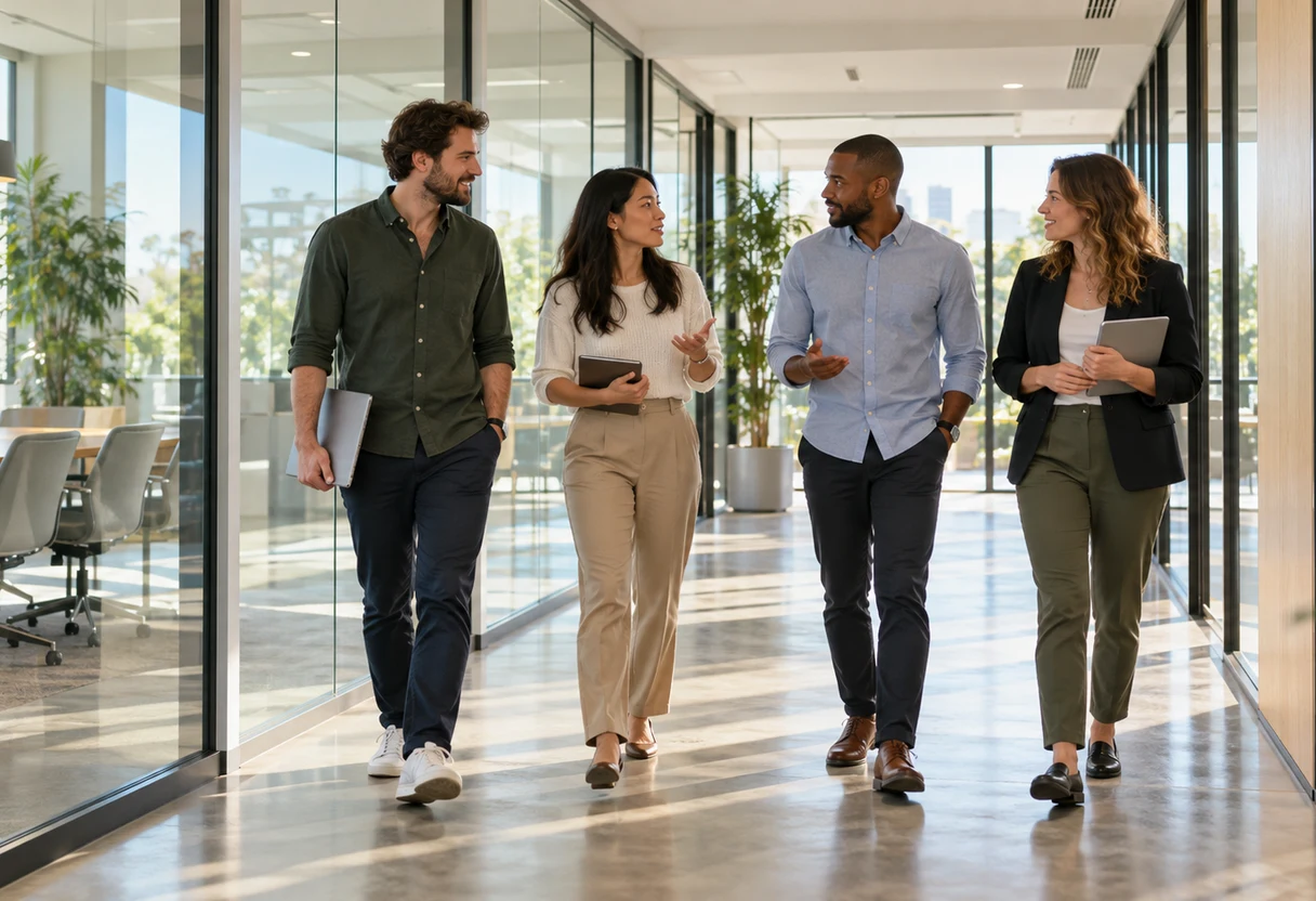 Colleagues walking and talking in a bright office hallway