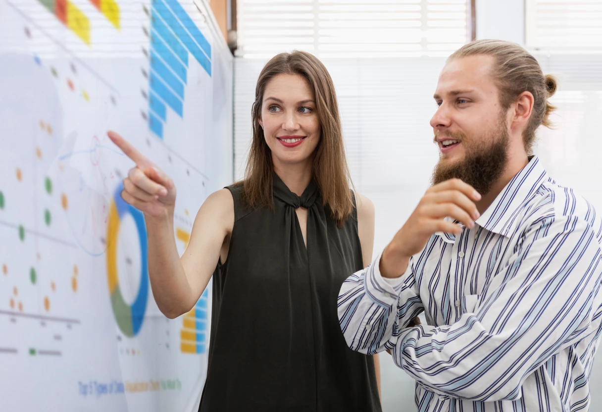 Colleagues reviewing a roadmap chart on a whiteboard