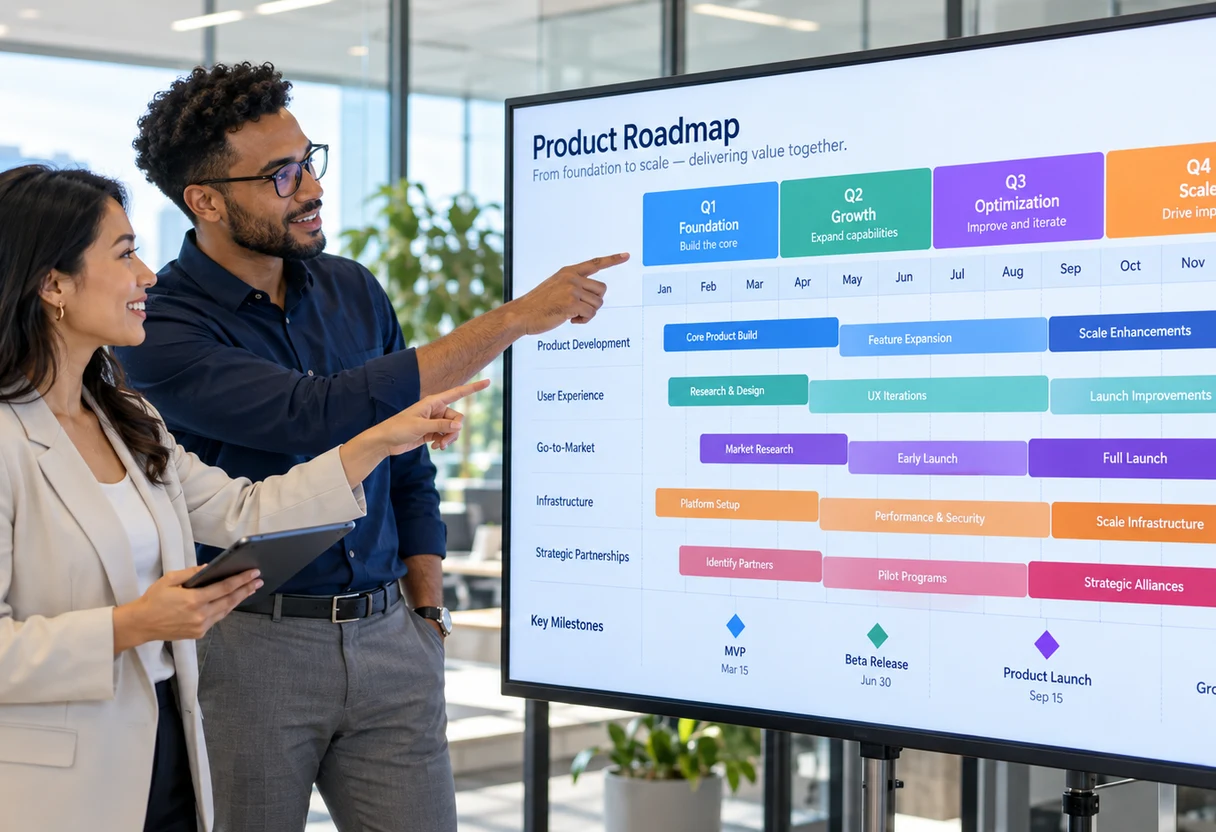Colleagues reviewing a roadmap chart on a whiteboard