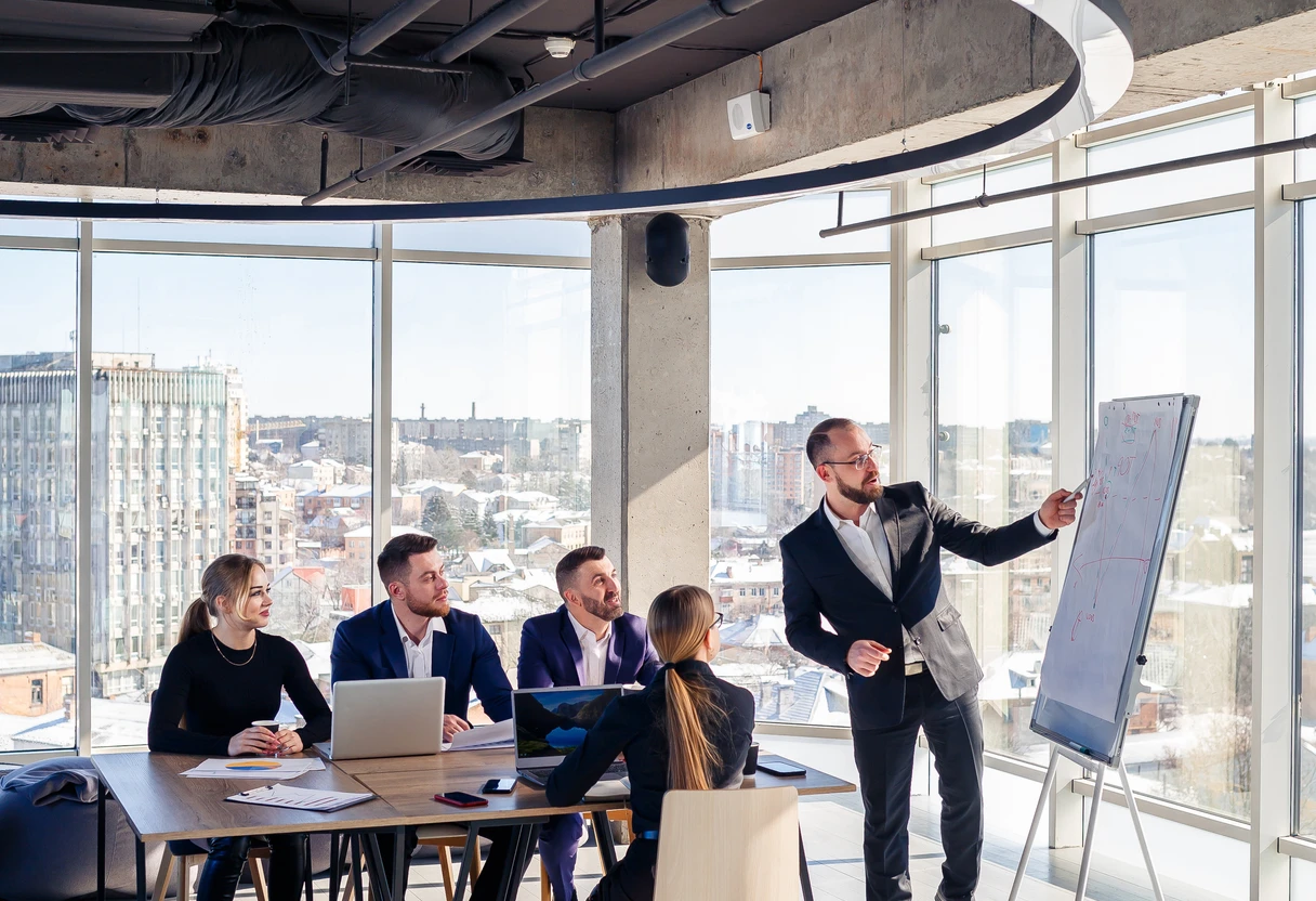 Presenter walking a seated team through a planning chart with a city view