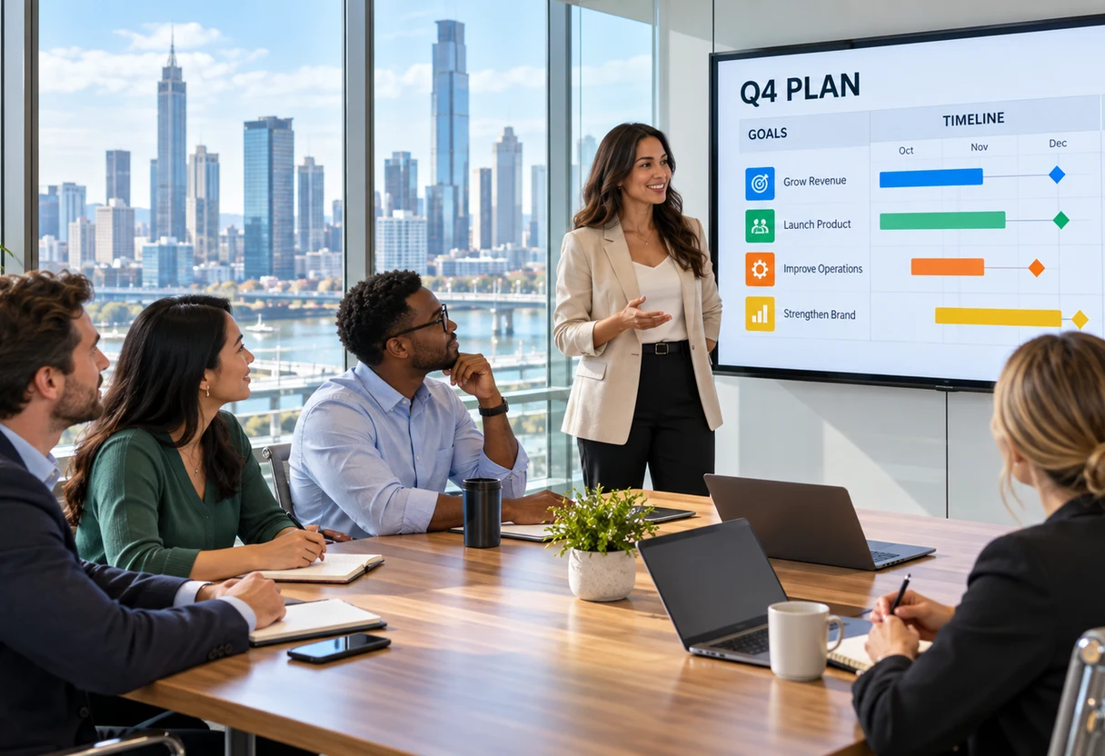 Presenter walking a seated team through a planning chart with a city view