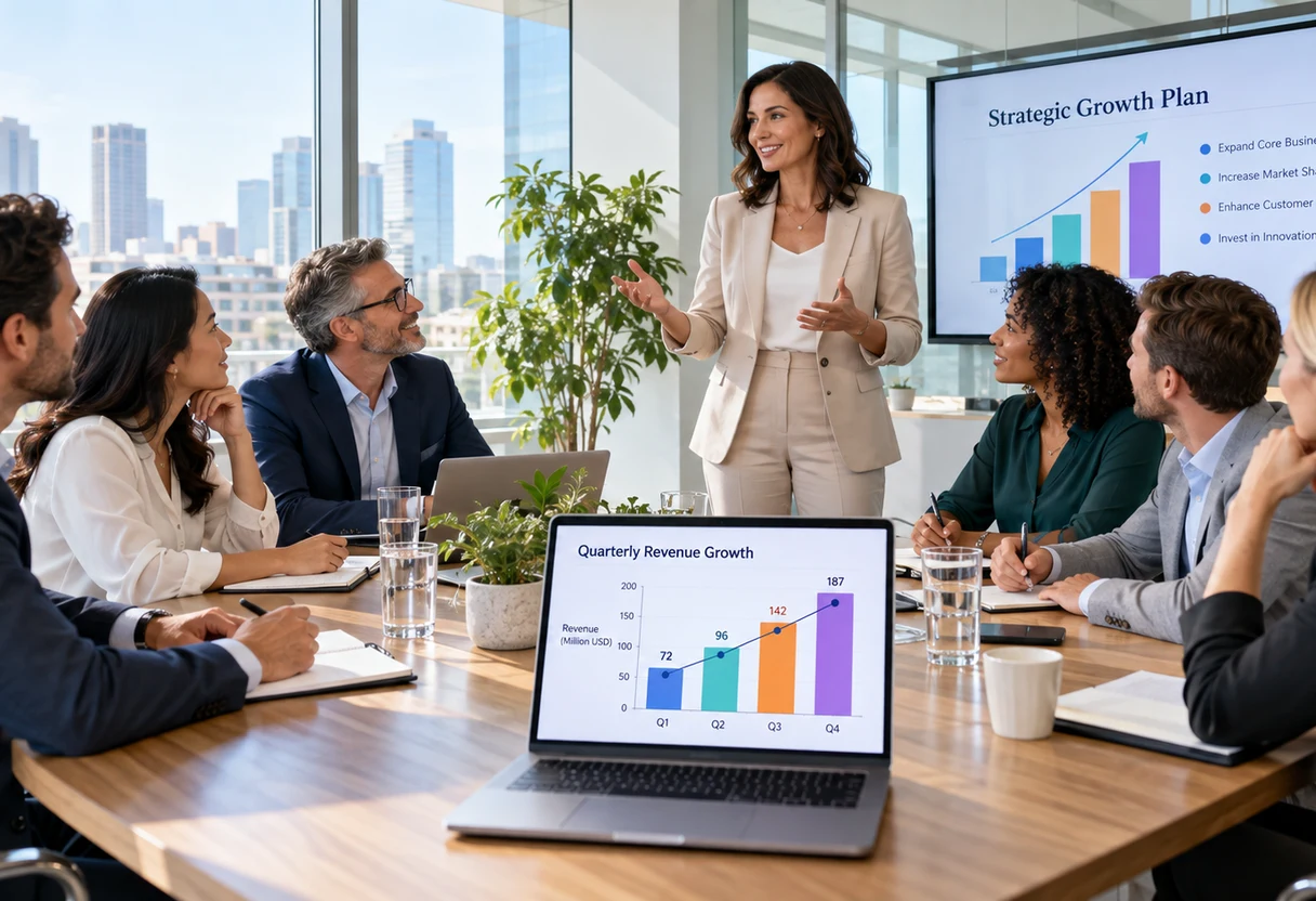 Executive standing to address a seated team of six colleagues at a conference table