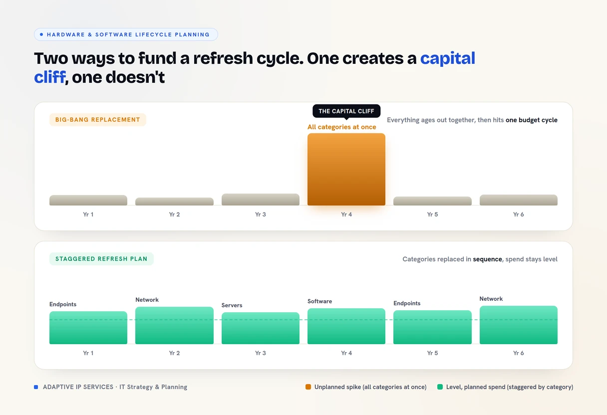 Infographic comparing a big-bang capital spike to a staggered refresh plan