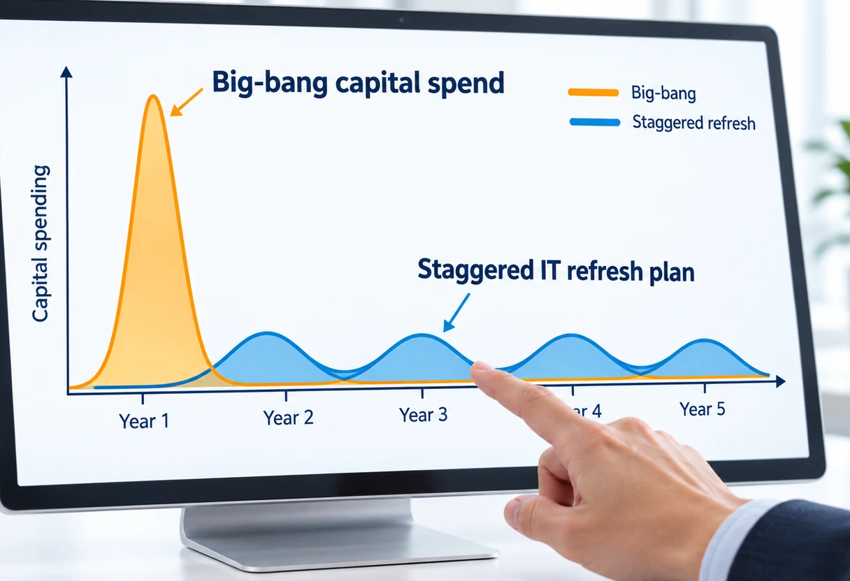 Infographic comparing a big-bang capital spike to a staggered refresh plan