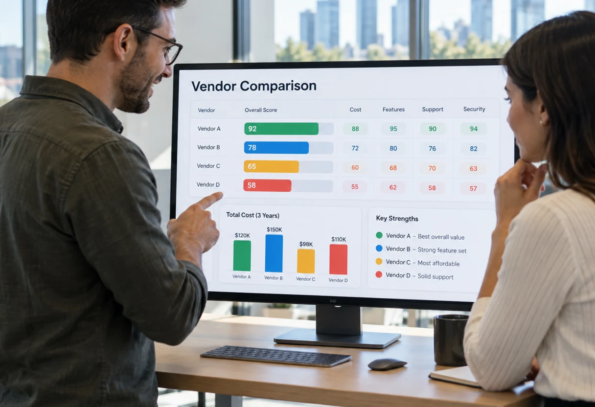 IT professional reviewing vendor documents at a standing desk