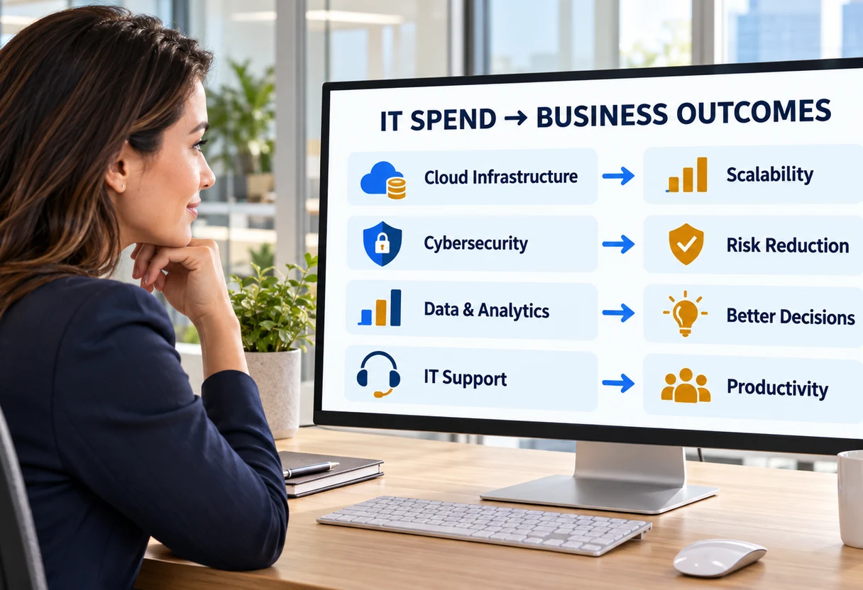 Infographic mapping IT spend line items to business outcomes