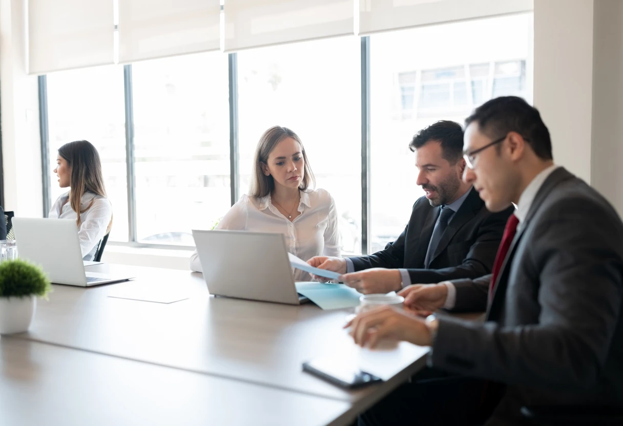 Team reviewing due-diligence documents around a conference table