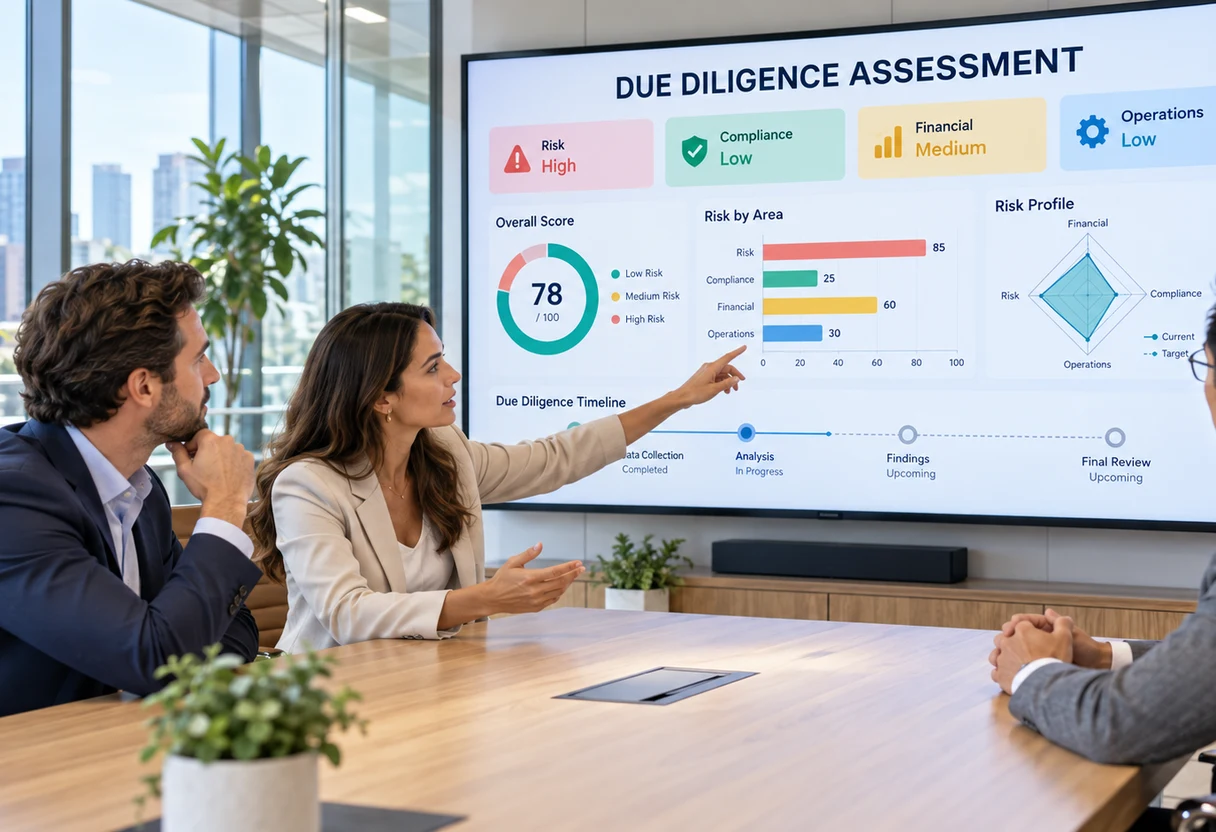 Team reviewing due-diligence documents around a conference table