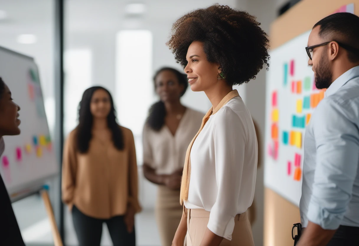 Team gathered around a wall of colorful sticky notes during a planning session