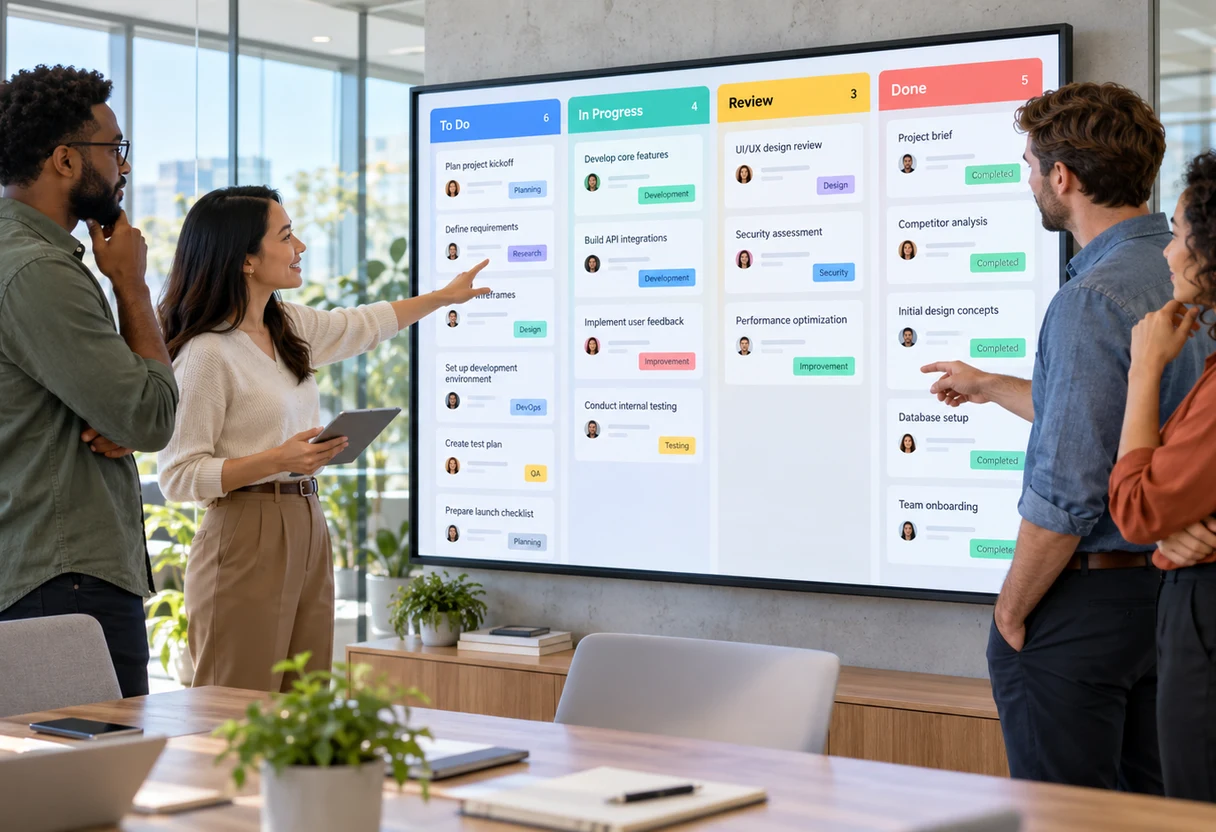 Team gathered around a wall of colorful sticky notes during a planning session