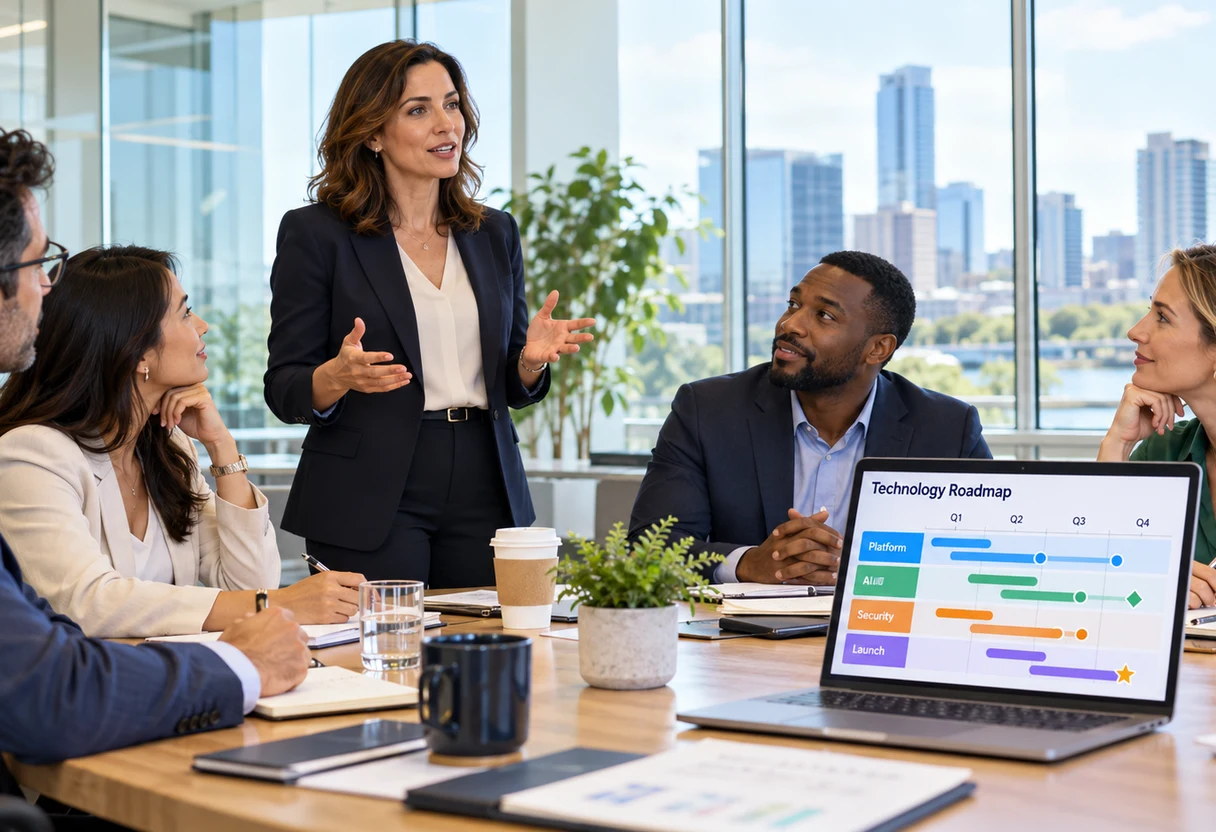 Executive leading a technology strategy discussion around a conference table