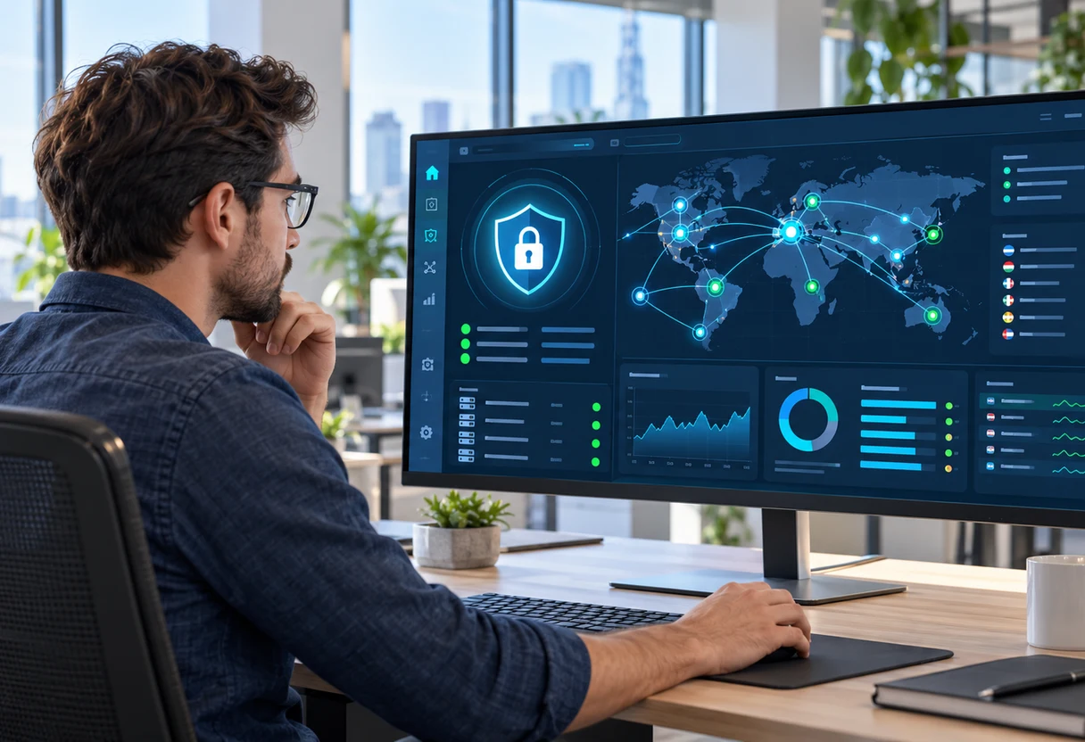 Security engineer reviewing a VPN security dashboard with a padlock icon