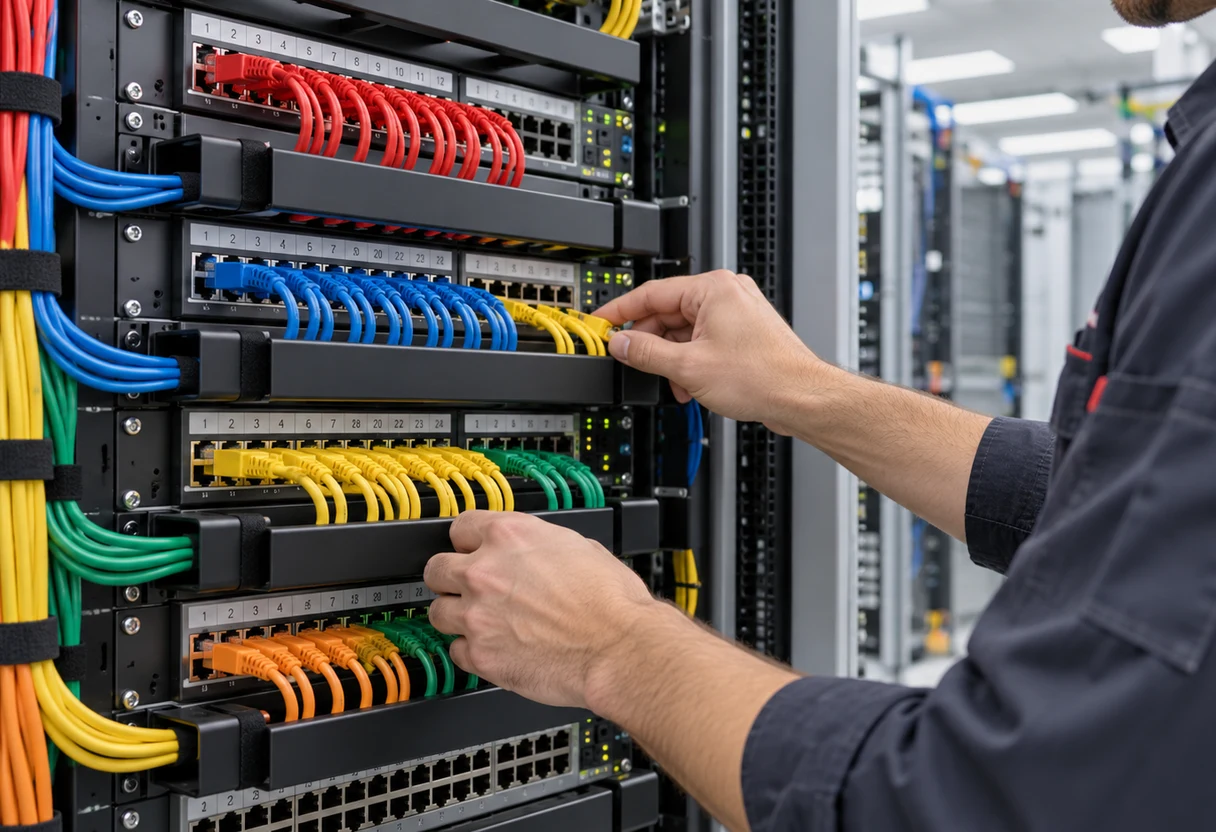 Technician organizing color-coded patch cables in a network rack