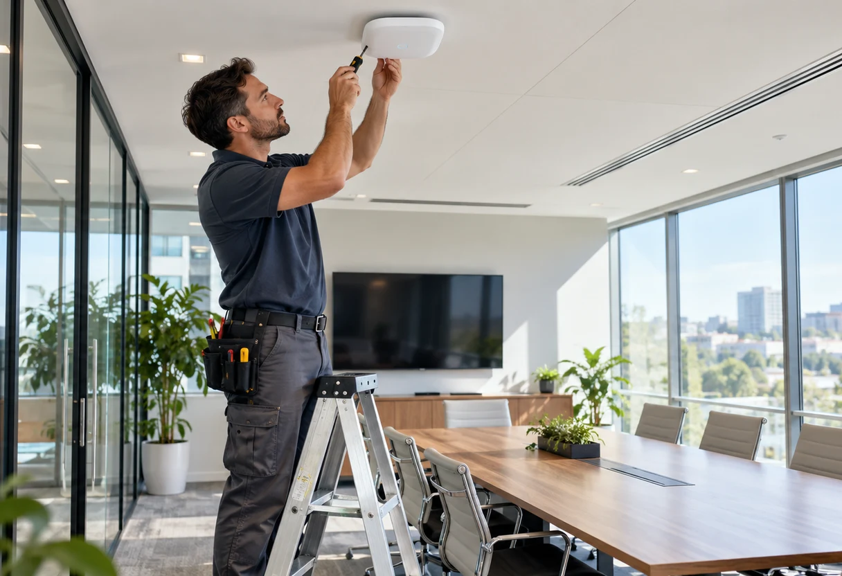 Technician installing a ceiling-mounted wireless access point in a conference room