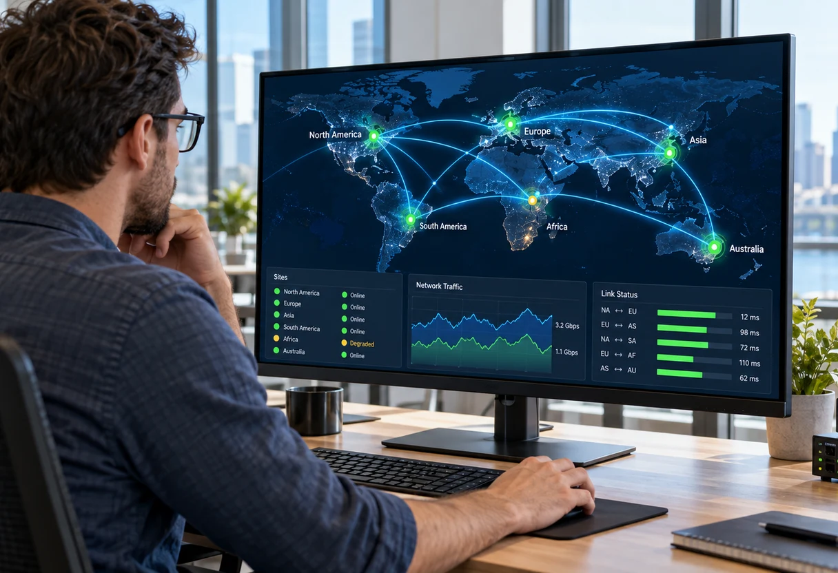 Network engineer reviewing a multi-site connectivity dashboard with a regional map