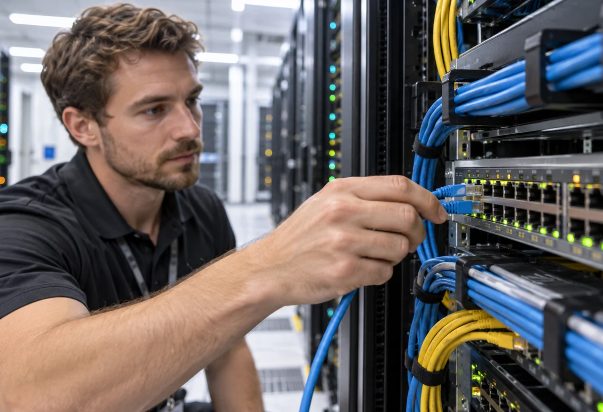 Technician connecting a cable into a network switch with status indicator lights