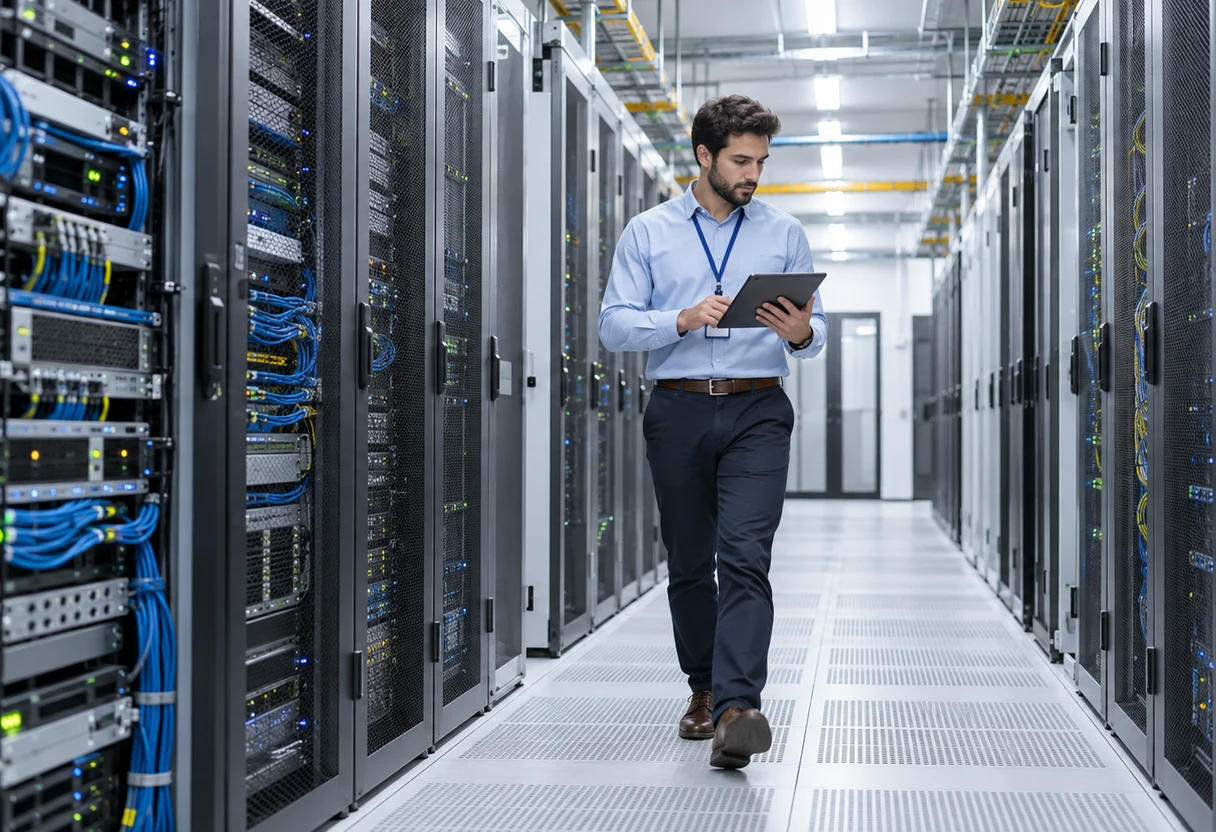 IT engineer walking through a data center aisle lined with server racks