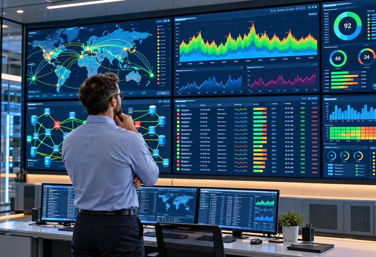 Network engineer standing before a wall of monitors displaying network traffic dashboards