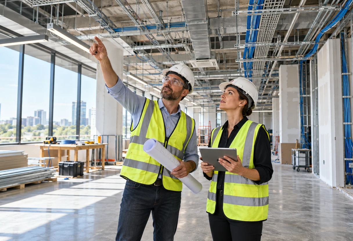 Two IT professionals discussing cabling plans during a network build-out