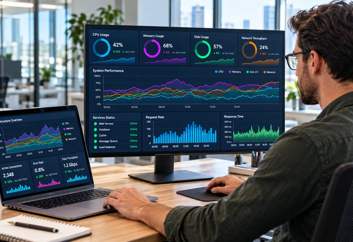 IT professional reviewing performance trend graphs on a laptop and monitor