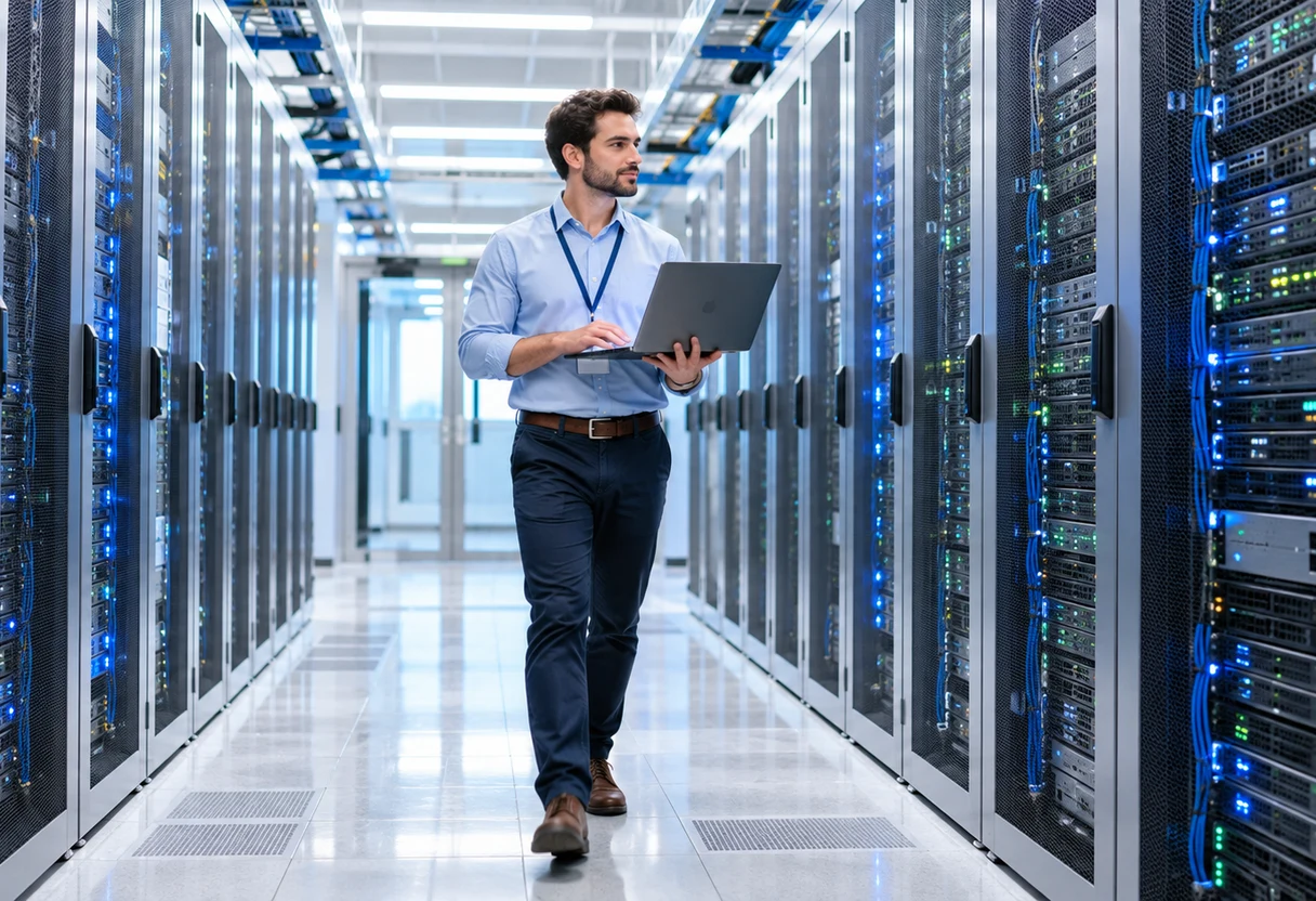 Network engineer walking through a bright data center corridor with a tablet