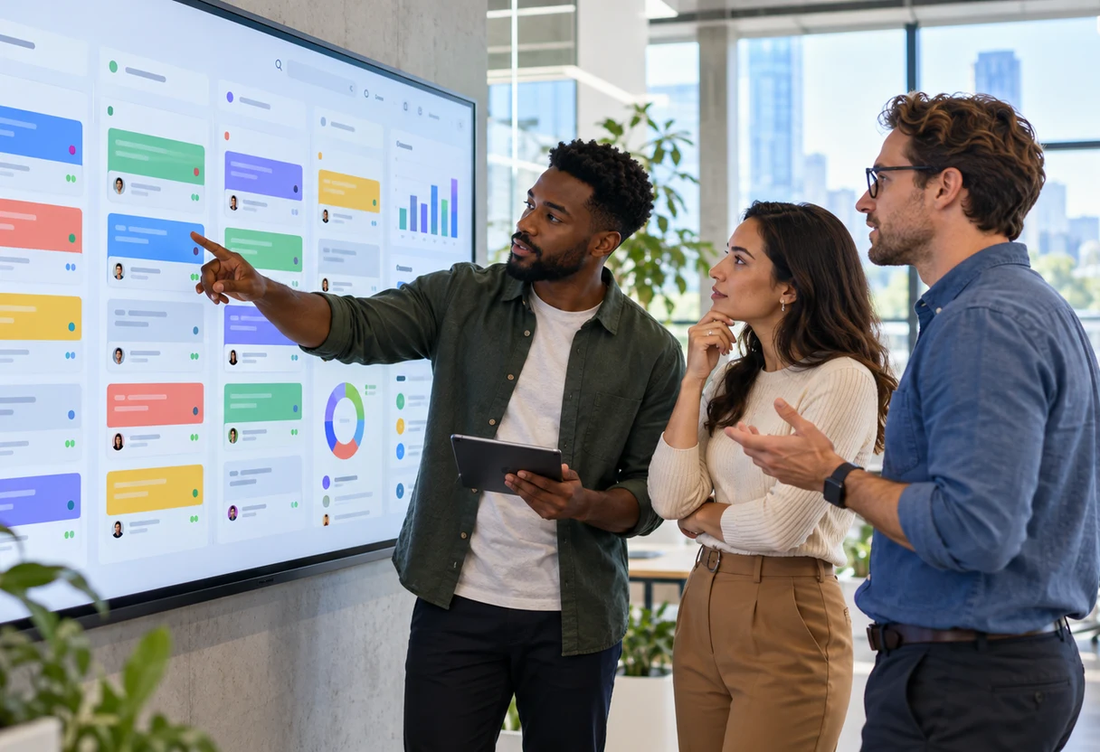 Colleagues reviewing a digital Kanban board mapping a workflow