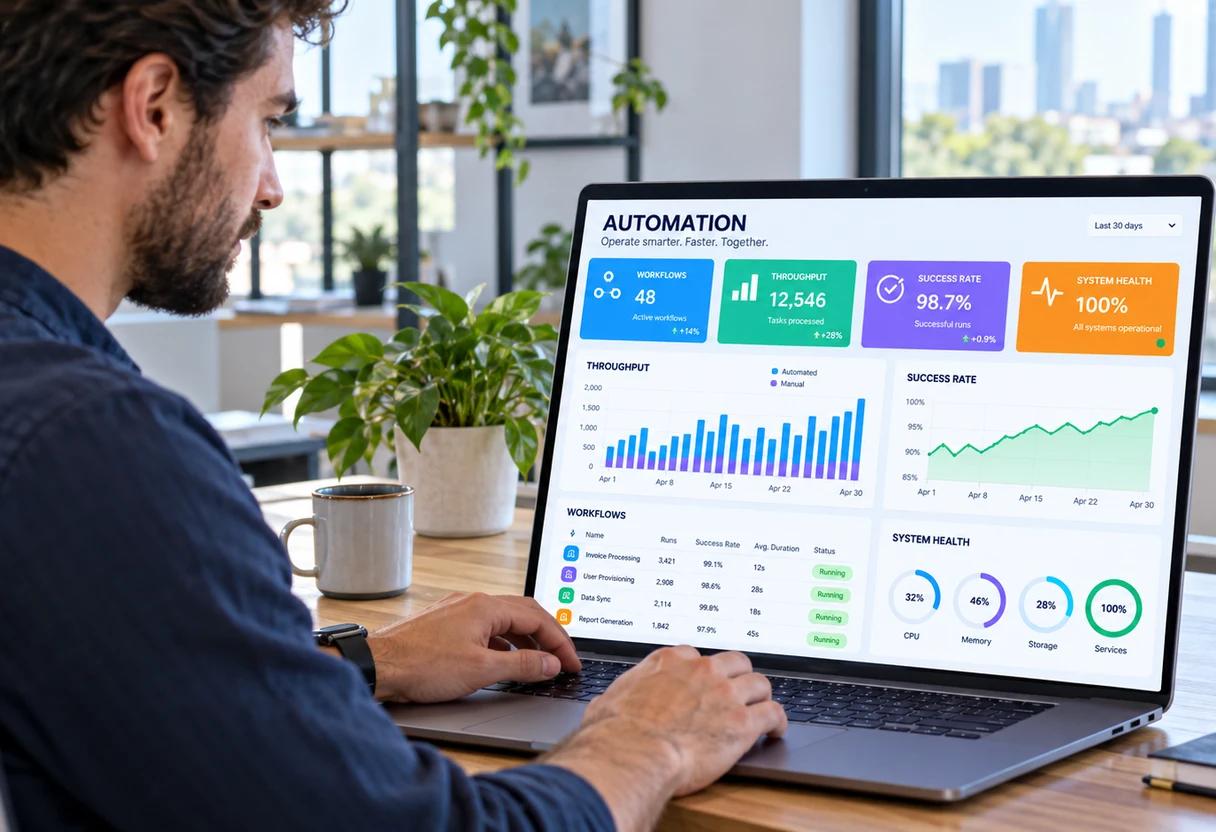IT professional reviewing an automation dashboard with performance charts