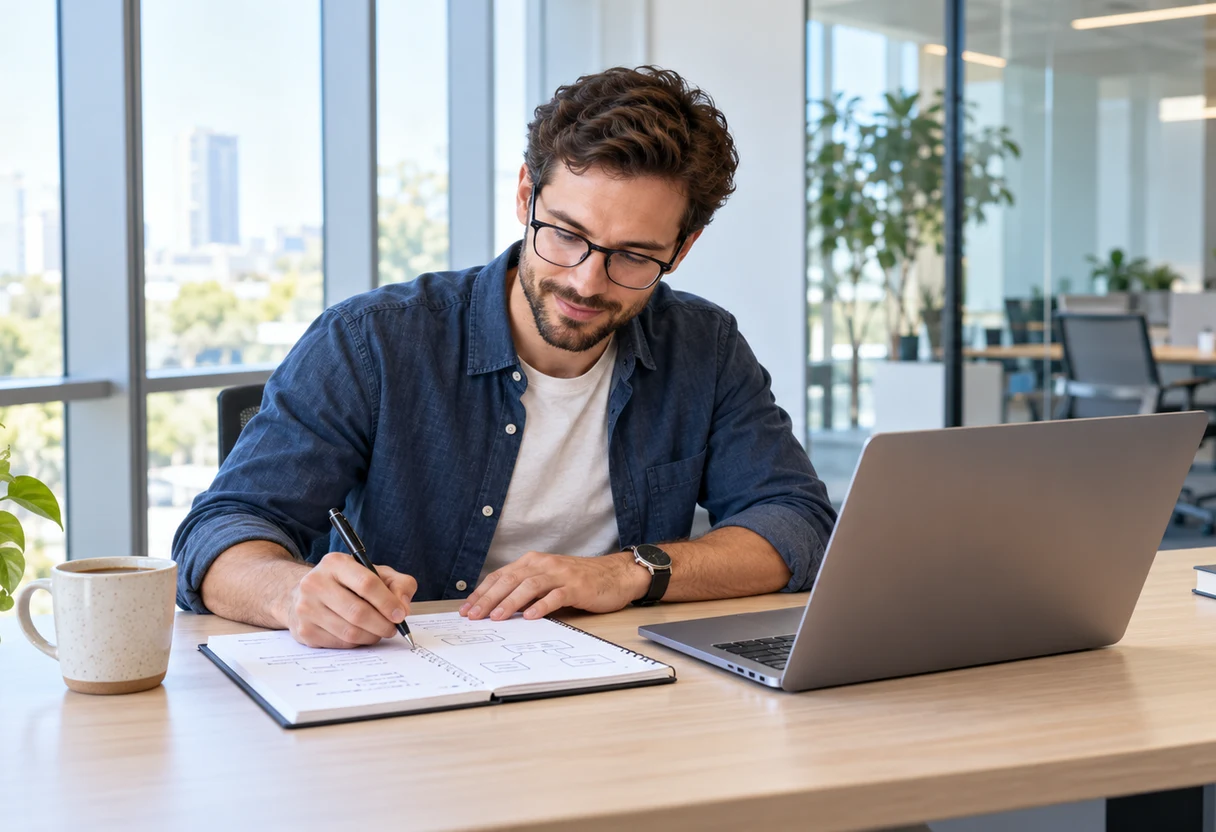 IT professional writing documentation at a desk with a laptop and coffee mug