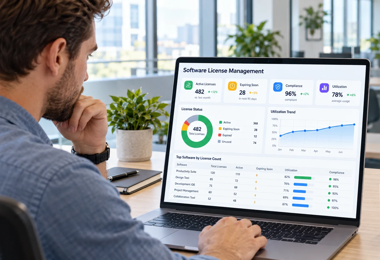 IT professional reviewing a software license management dashboard