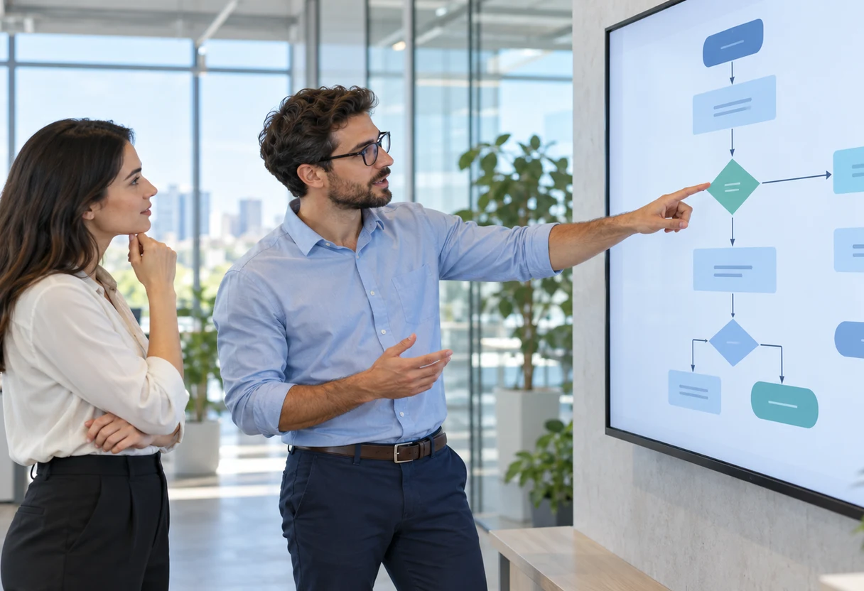 IT professional presenting a process flowchart on a wall display to a colleague