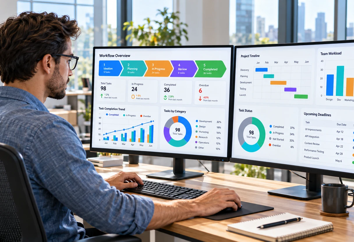 IT professional reviewing workflow analytics dashboards on dual monitors