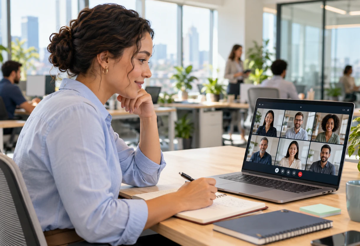 Professional at a laptop during video conferencing training in an open office