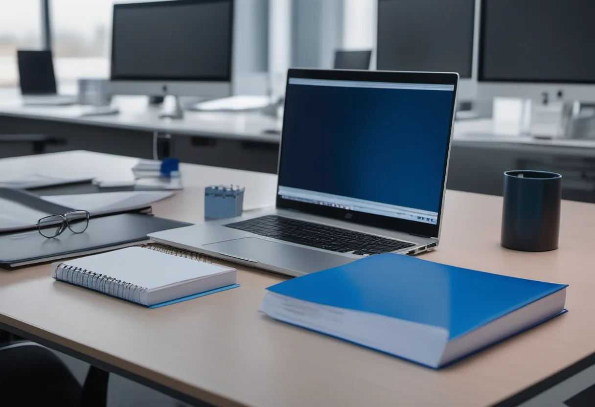 Laptop and notebooks on a desk in an open office, set up for training