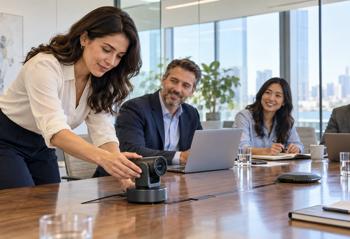 Colleague adjusting a video conferencing camera while others prepare for a call