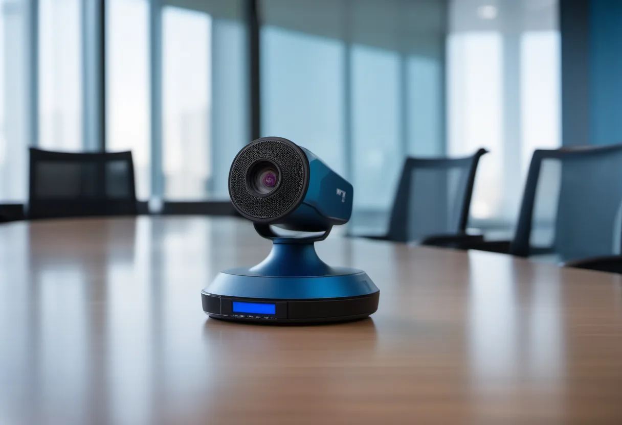 Video conferencing camera positioned on a boardroom table