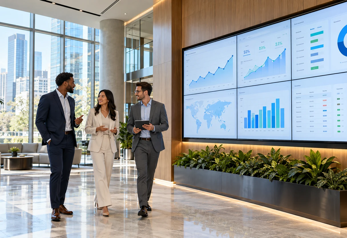 Colleagues in a modern lobby area with a wall of dashboard screens