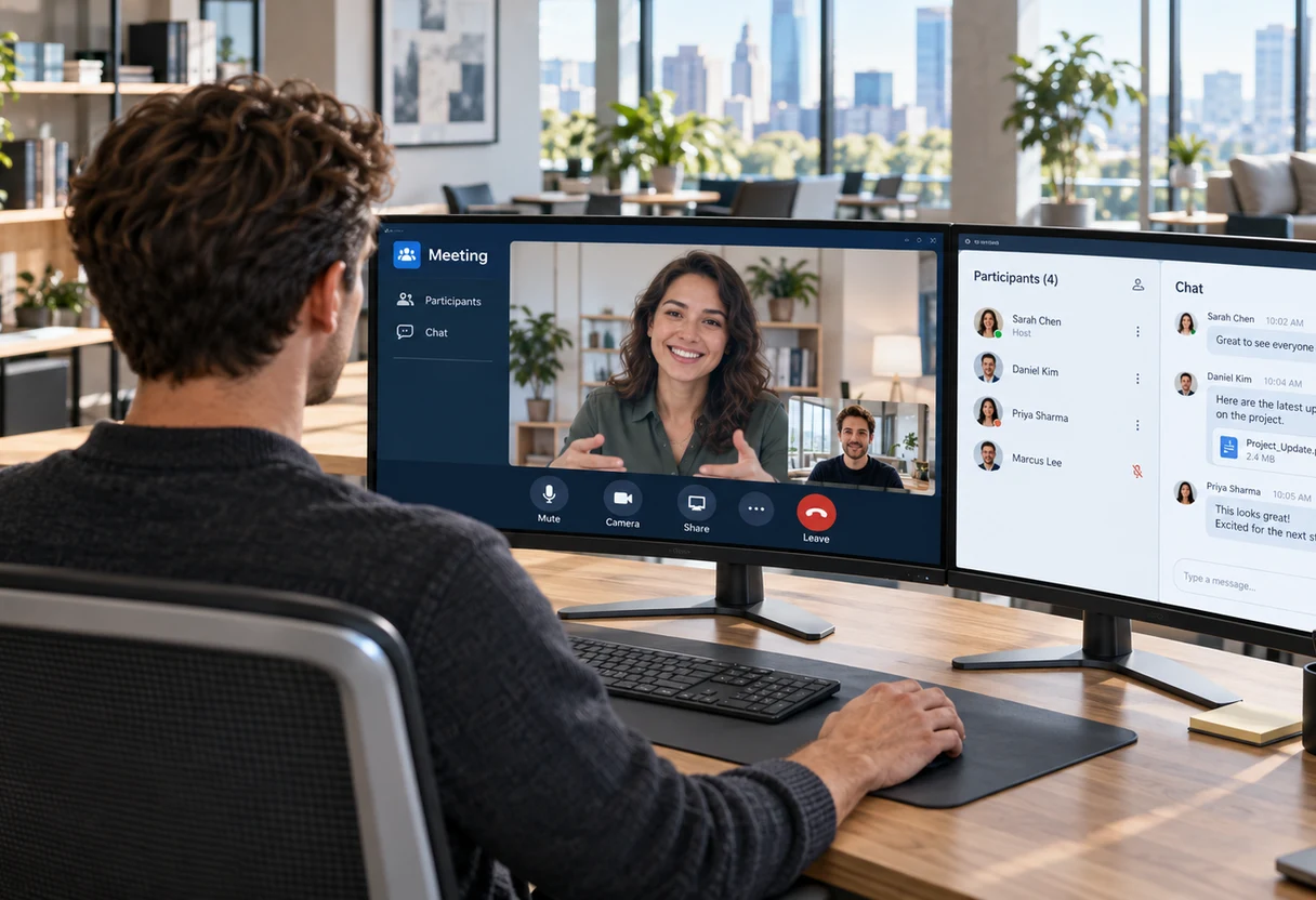 Person at curved monitors during a video conferencing call