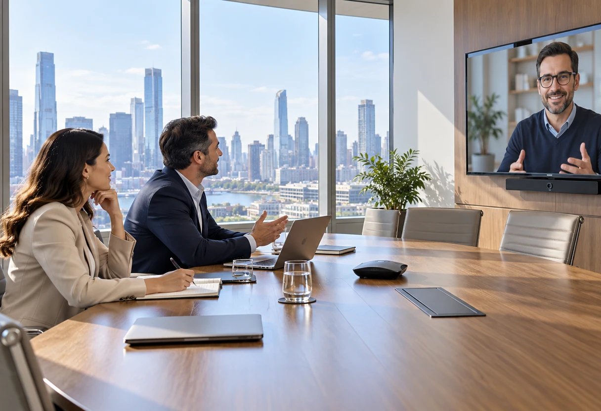 Two colleagues on a video call in a boardroom with a city skyline view