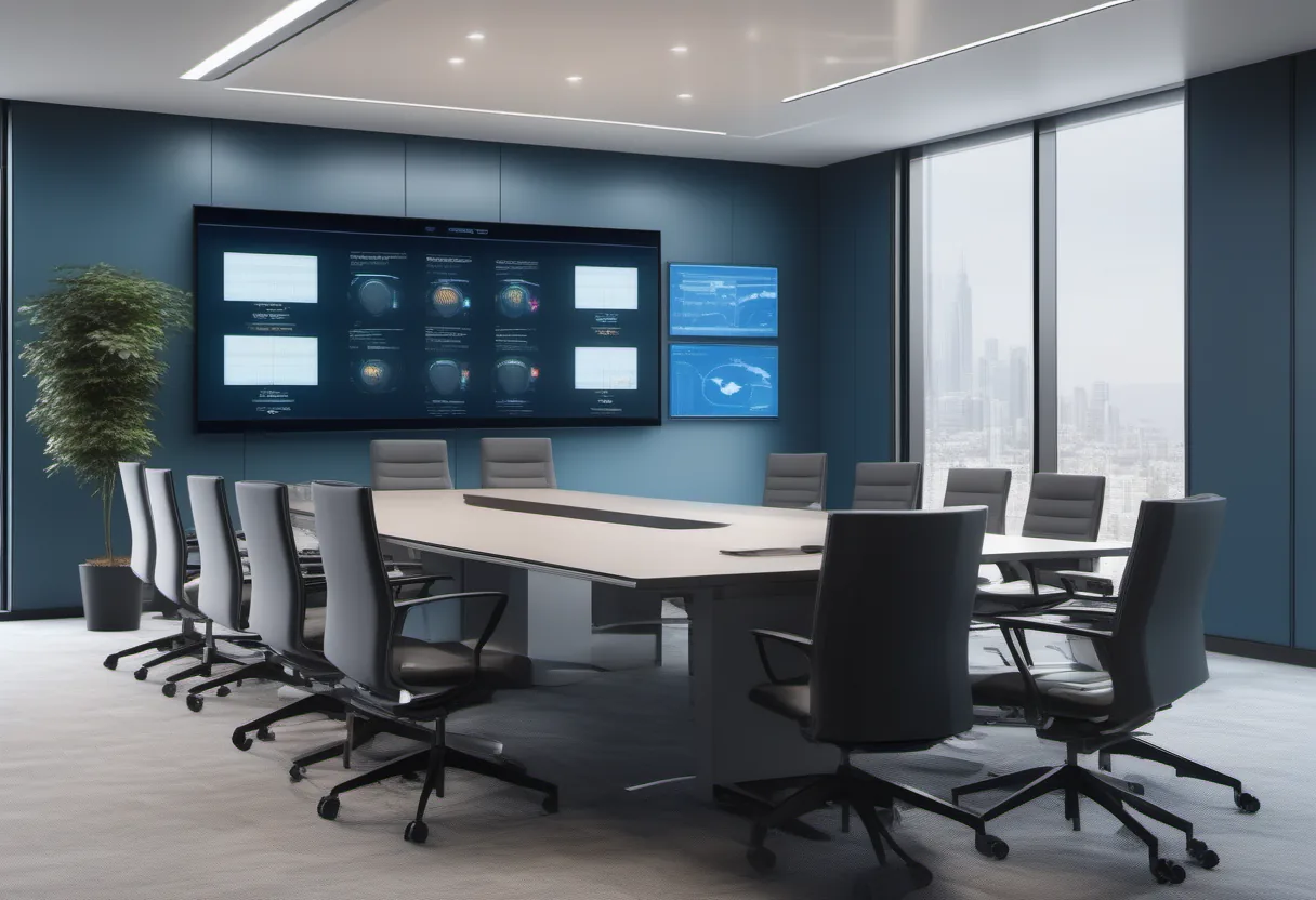 Large boardroom with a wall-mounted display and city skyline view