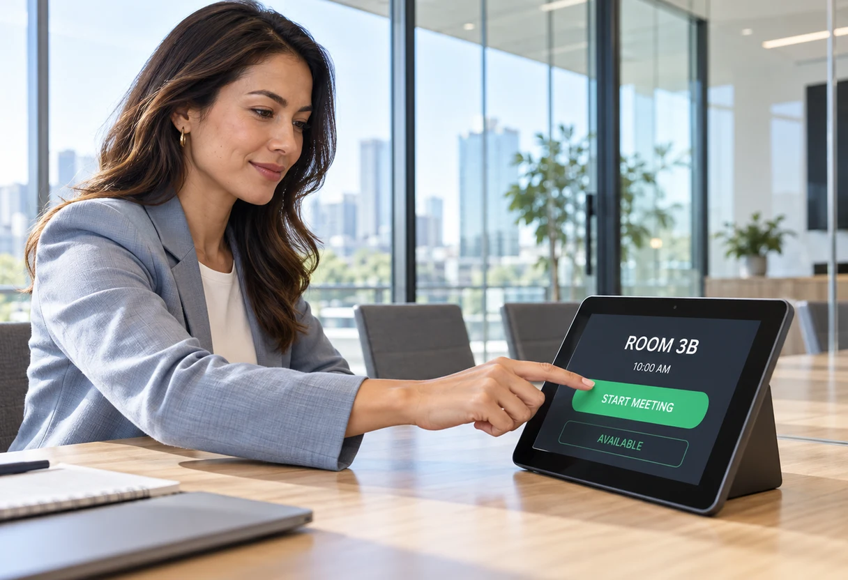 Colleague using a touch panel to start a meeting