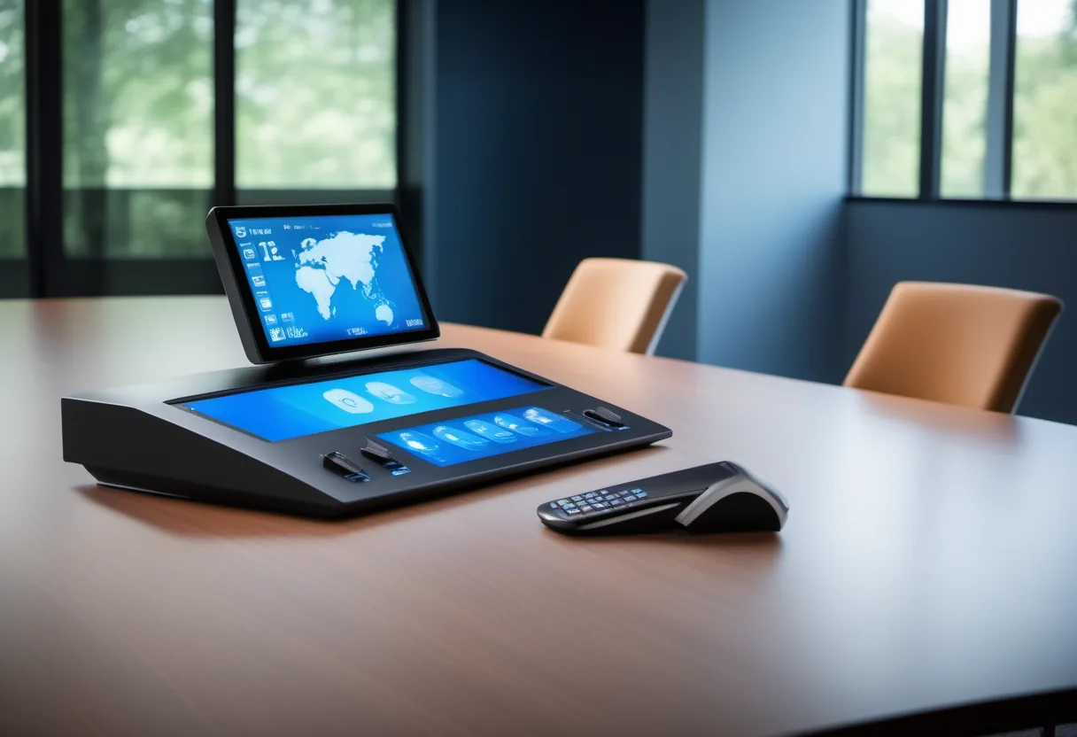 Touch panel control device with a room-booking display on a conference table